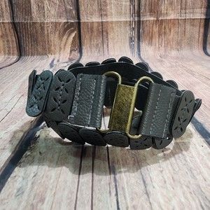 Gray Faux Leather Womens Stretch Belt Perforated Brass Tone Buckle Adj 26"-38"